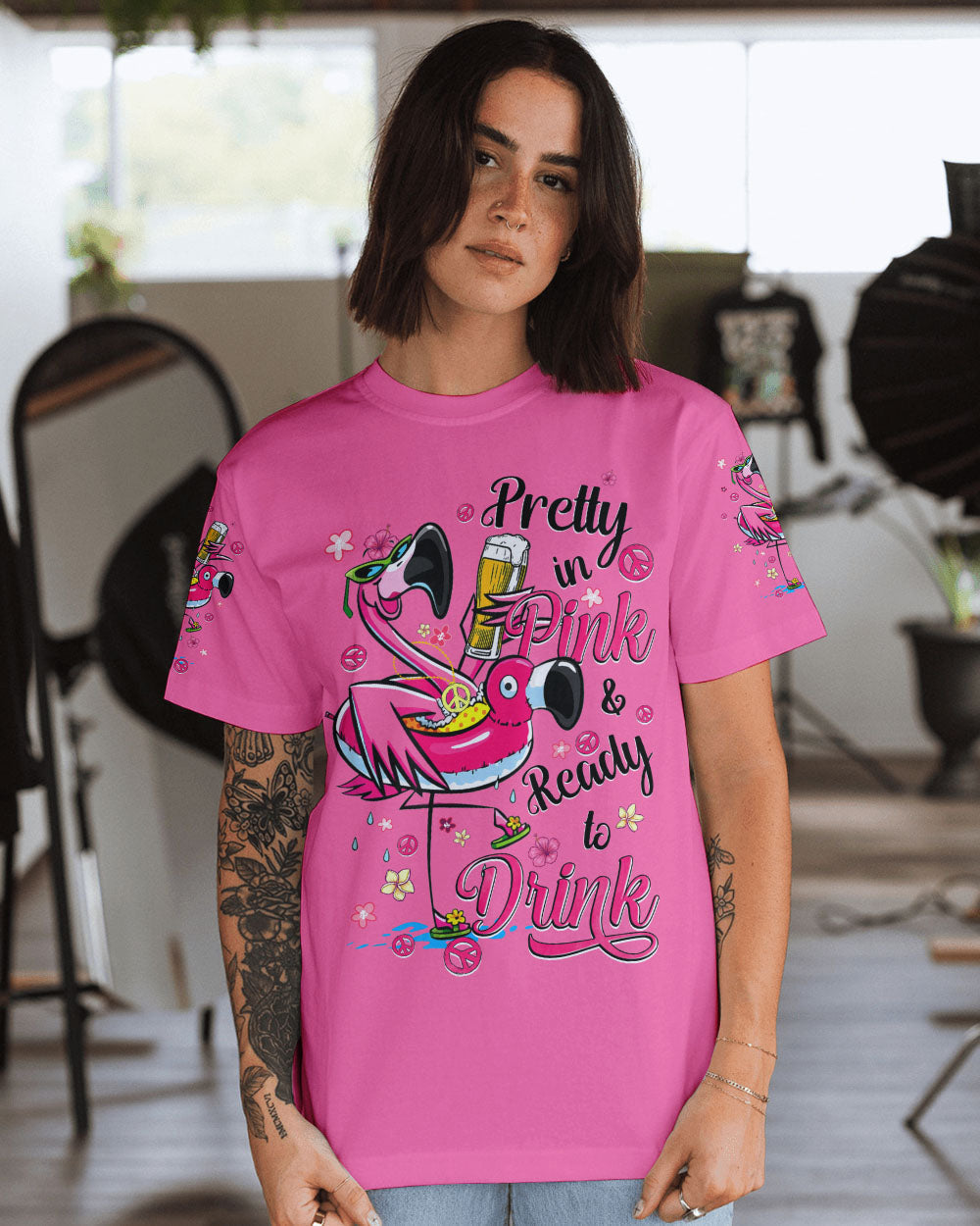 Pretty in Pink Flamingo Ready to Drink Funny Summer Beach Tee for Women AOP Shirts _8_ hw1YP