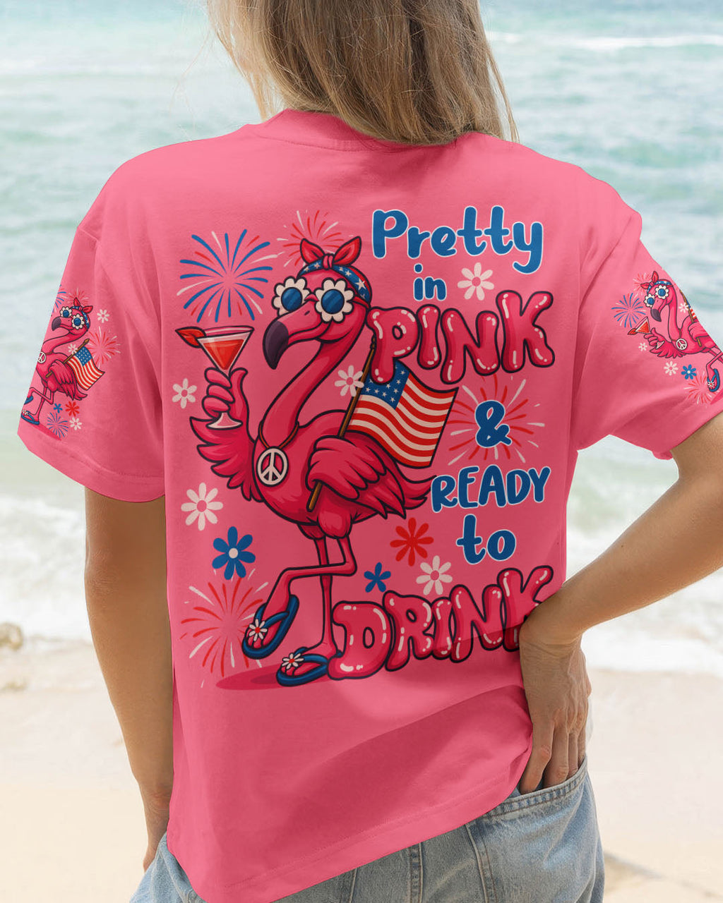 Pretty in Pink Flamingo Ready to Drink Funny Summer Tee for Women AOP Shirts _1_ yJNEt