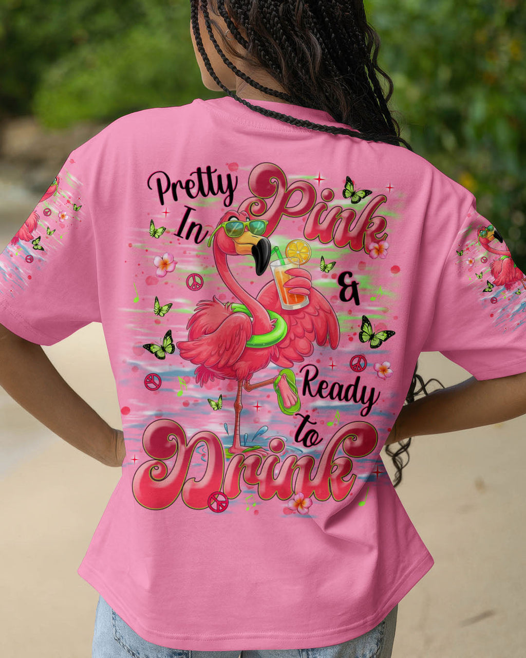 Pretty in Pink Flamingo Ready to Drink Vibrant Summer Tee for Women AOP Shirts _1_ yiU3q