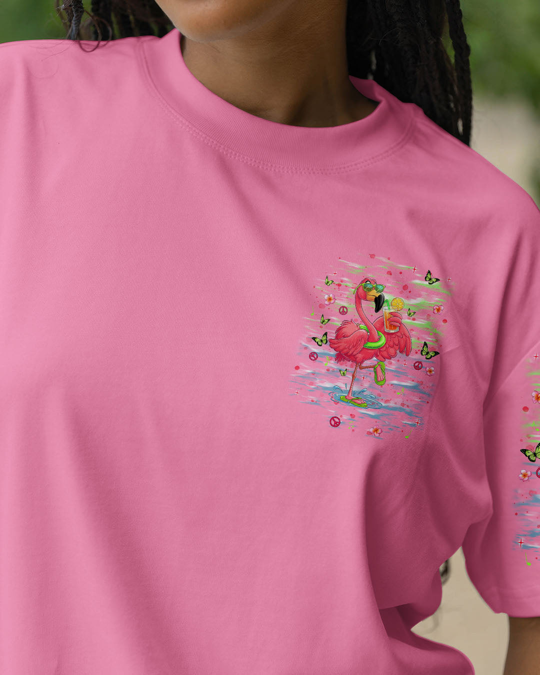 Pretty in Pink Flamingo Ready to Drink Vibrant Summer Tee for Women AOP Shirts _3_ JfgeV