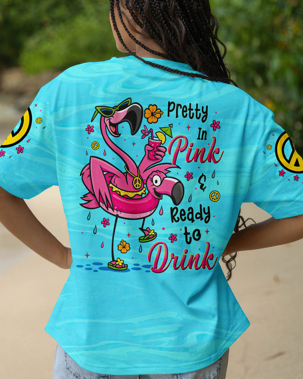 Pretty in Pink Ready To Drink Flamingo Fun Graphic Tee with Drink Peace _26 Flower for Women AOP Shirts _1_ cHpFY