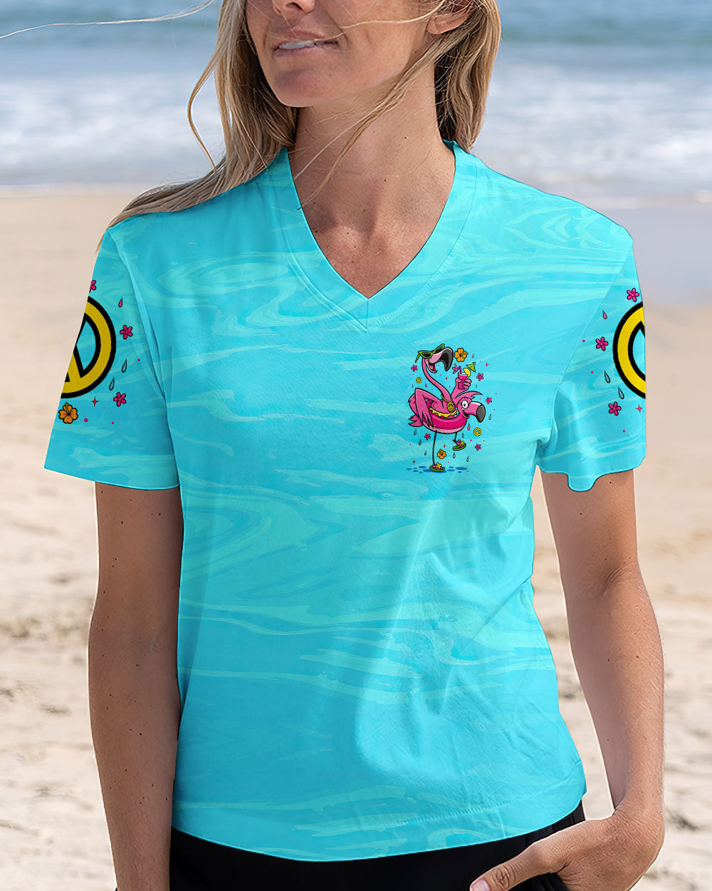 Pretty in Pink Ready To Drink Flamingo Fun Graphic Tee with Drink Peace _26 Flower for Women AOP Shirts _4_ NDULy