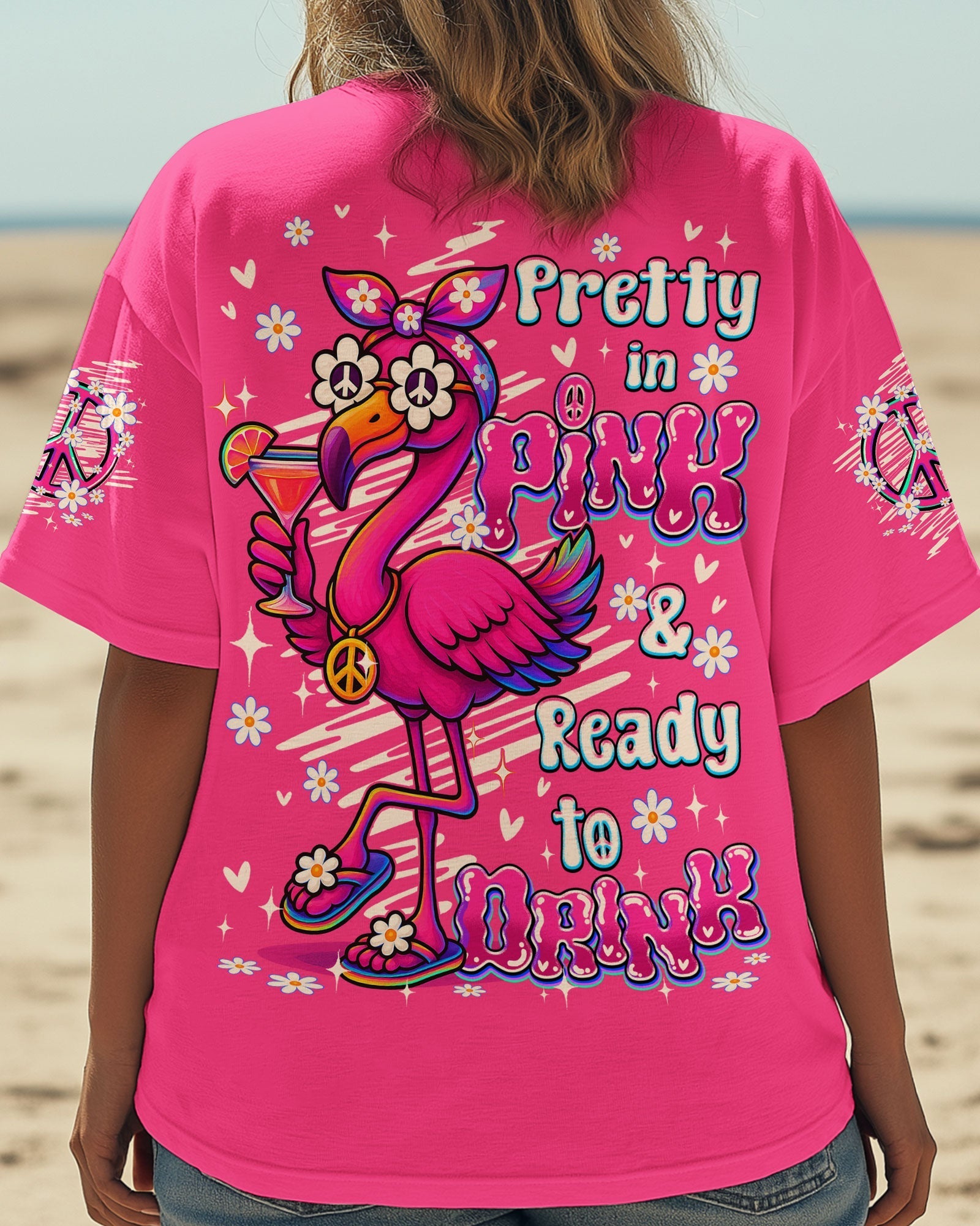 Pretty in Pink _26 Ready to Drink Cute Flamingo Peace Sign with Cocktail Hippie Vibe AOP Shirts _11_ Tv0Ln