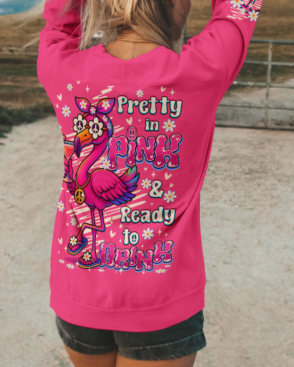 Pretty in Pink _26 Ready to Drink Cute Flamingo Peace Sign with Cocktail Hippie Vibe AOP Shirts _3_ GYVHS