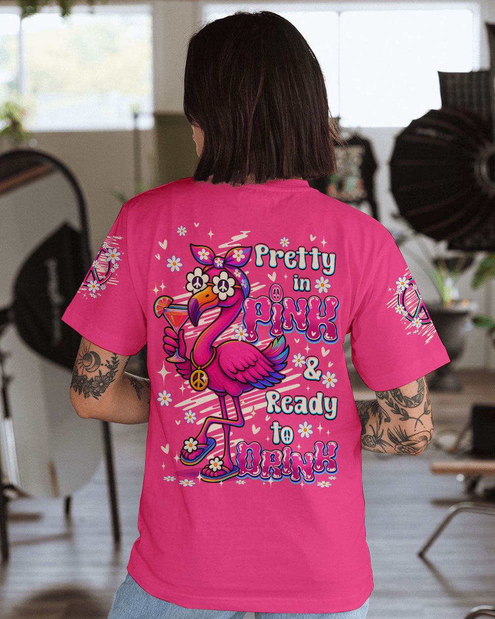 Pretty in Pink _26 Ready to Drink Cute Flamingo Peace Sign with Cocktail Hippie Vibe AOP Shirts _8_ PhAvo