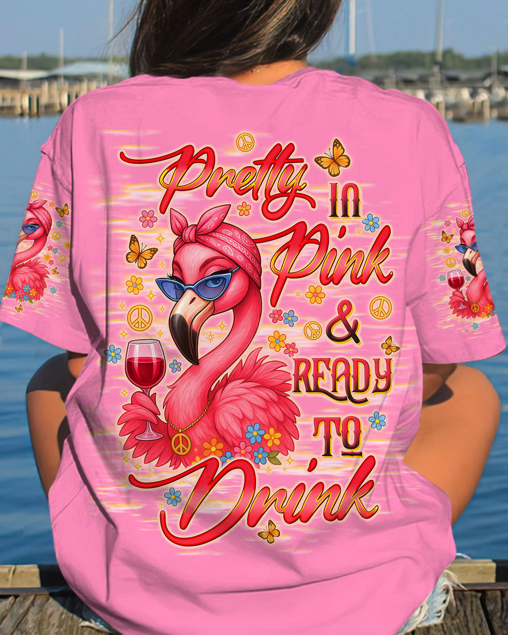 Pretty in Pink _26 Ready to Drink Flamingo with Wine Graphic for Women AOP Shirts _1_ ytNe0