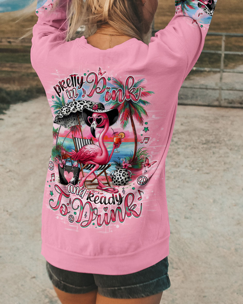 Pretty in Pink and Ready to Drink Pink Flamingo Beach Graphic Tee for Women AOP Shirts _10_ 95DKr