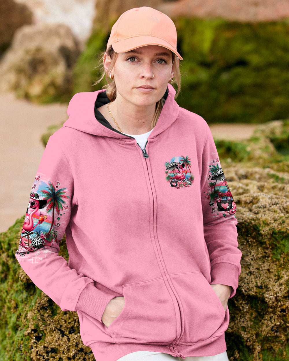 Pretty in Pink and Ready to Drink Pink Flamingo Beach Graphic Tee for Women AOP Shirts _11_ dPLf2