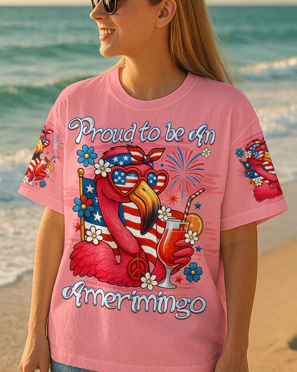 Proud to Be an Amerimingo Flamingo USA Flag Funny Summer AOP Shirts _1_ aHI6B
