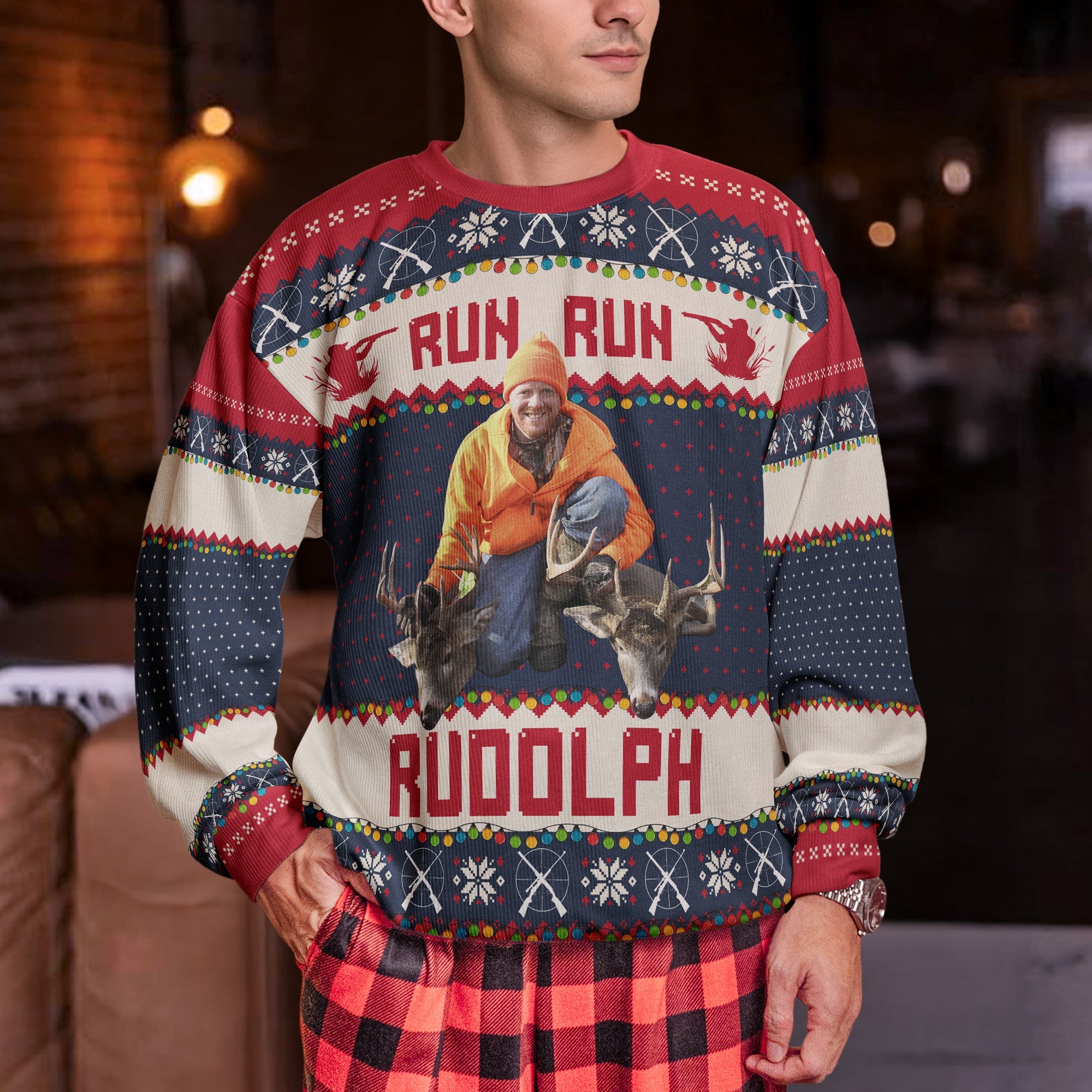 Run Run Rudolph Hunting Christmas Gifts For Dad_ Grandpa_ Husband Personalized Photo Ugly Sweater_3_a4611790 ee20 4610 a486 484eb138f114