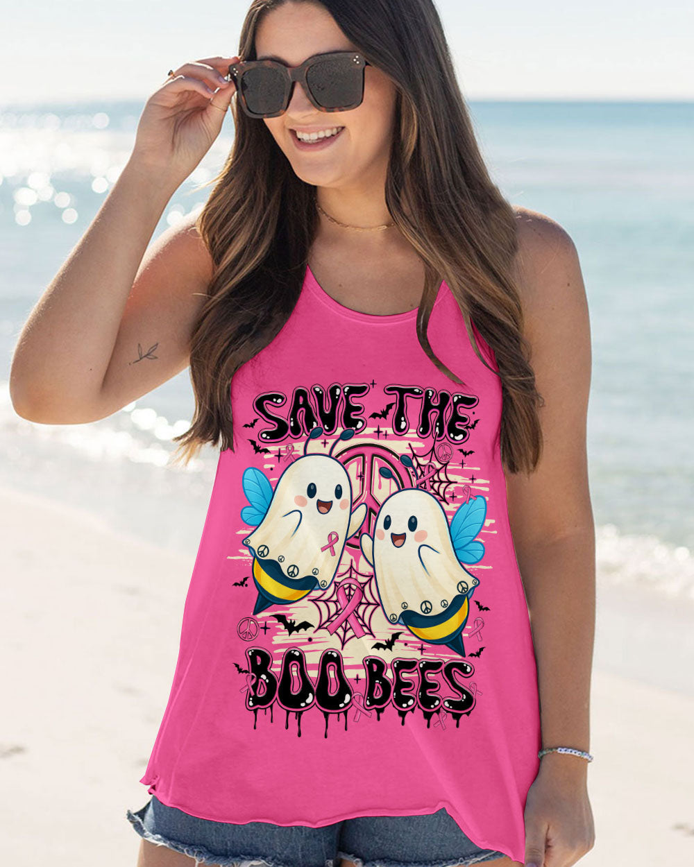Save the Boo Bees Halloween Ghost Design with Peace and Pink Ribbon AOP Shirts _7_ YQcDJ