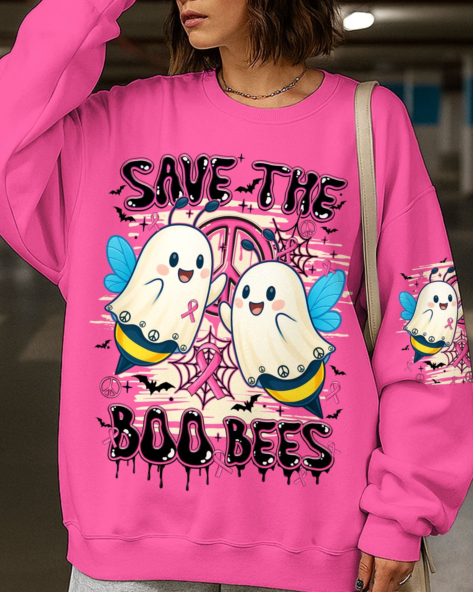 Save the Boo Bees Halloween Ghost Design with Peace and Pink Ribbon AOP Shirts _9_ wbxp3