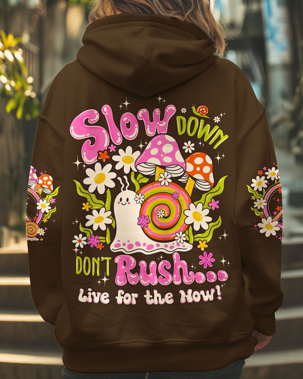 Slow Down Dont Rush Live for the Now Cute Snail Mushrooms AOP Shirts _1_ 25Eae
