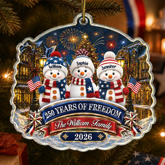 SnowmanFamily250YearsOfFreedomAnniversary PersonalizedCustomShapedAcrylicOrnament AT2326 NAH6237 MK DEF