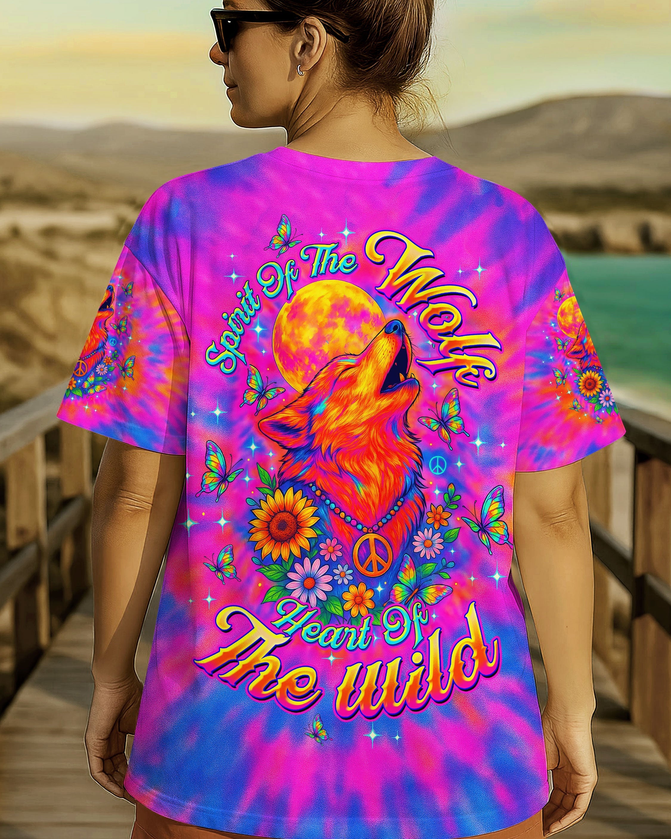 Spirit of the Wolf Heart of the Wild Tie Dye Wolf with Peace _26 Flower AOP Shirts _12_ ys5hy