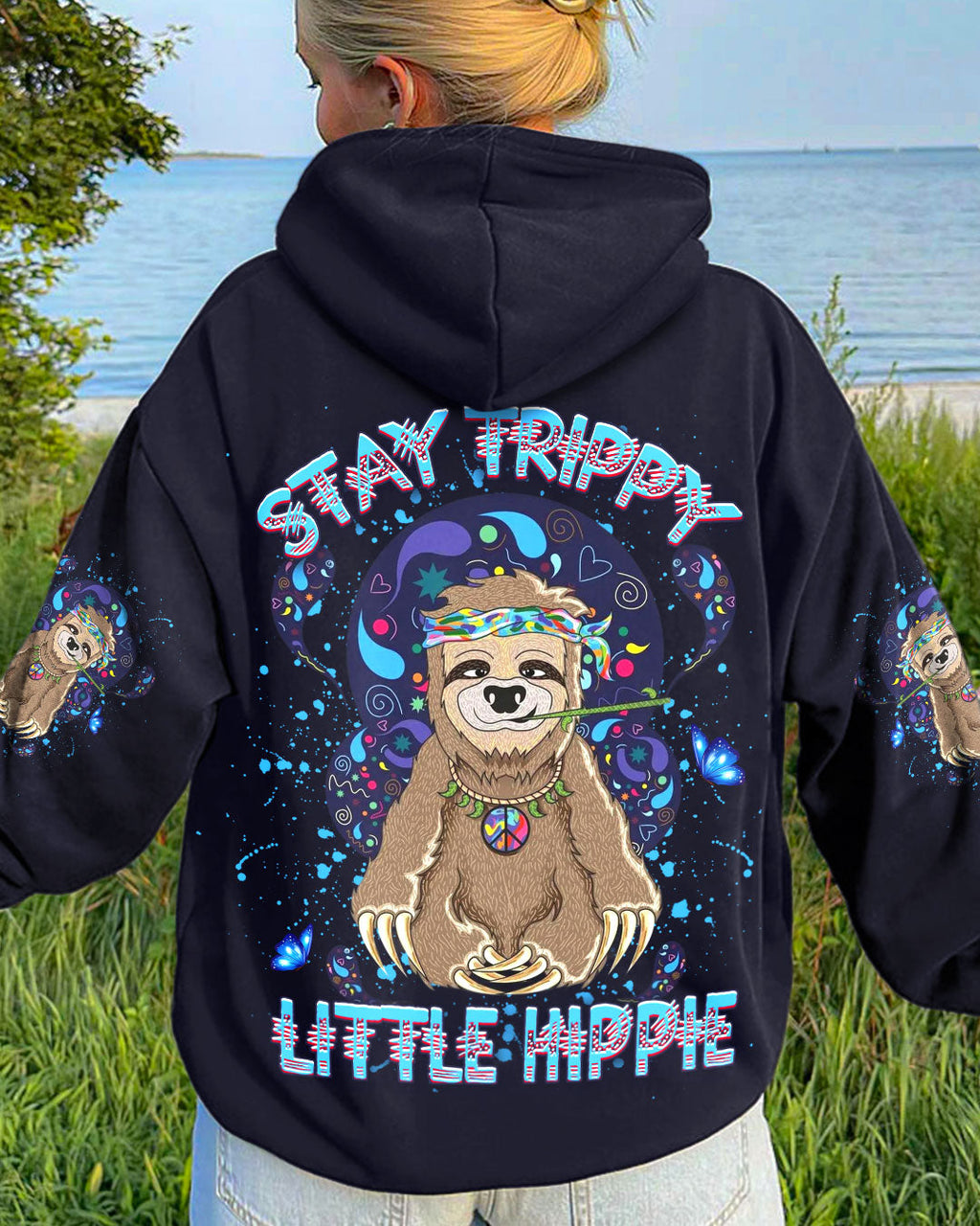 Stay Trippy Little Hippie Funny Psychedelic Sloth Peace Sign AOP Shirts _1_ VUHT6