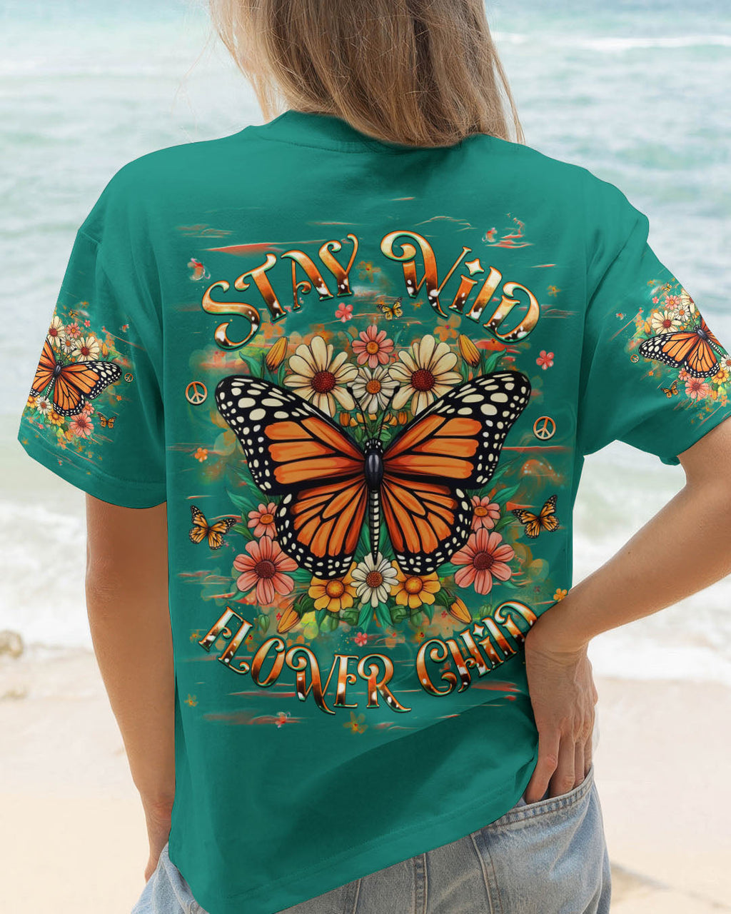 Stay Wild Flower Child Monarch Butterfly Floral Hippie Graphic Tee for Women AOP Shirts _1_ brubb