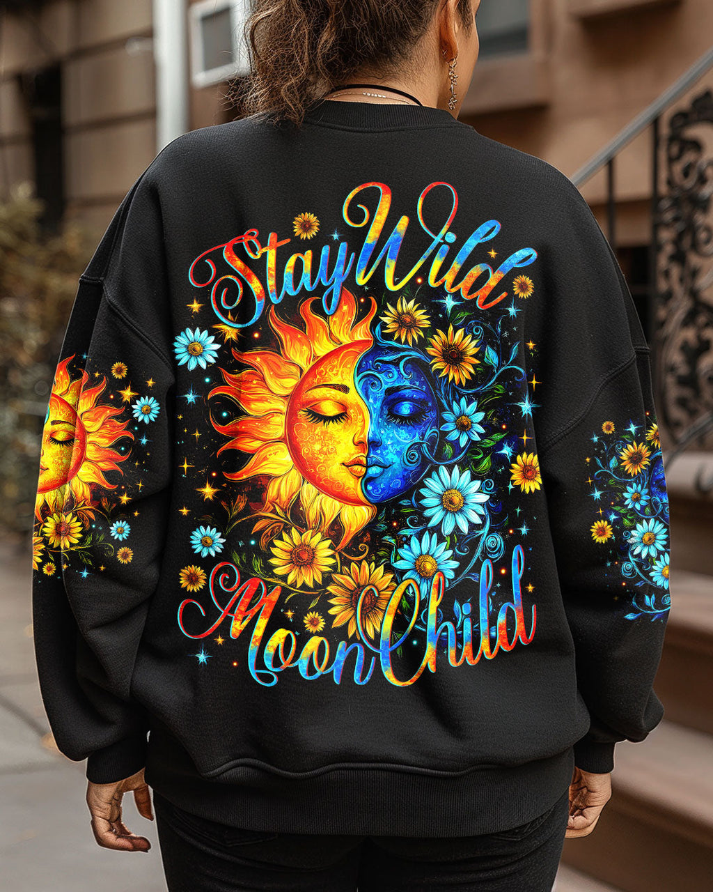 Stay Wild Moon Child Hippie Sun and Moon Floral Graphic AOP Shirts _1_ yOED4