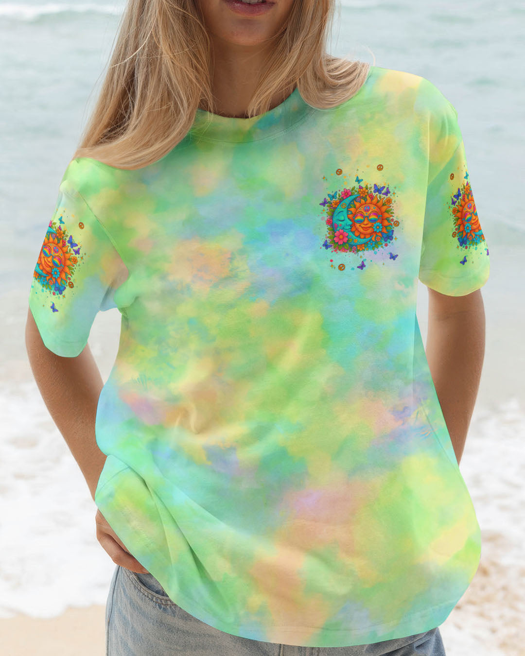 Stay Wild Moon Child Hippie Sun and Moon Tie Dye Design for Women AOP Shirts _3_ JRjbj
