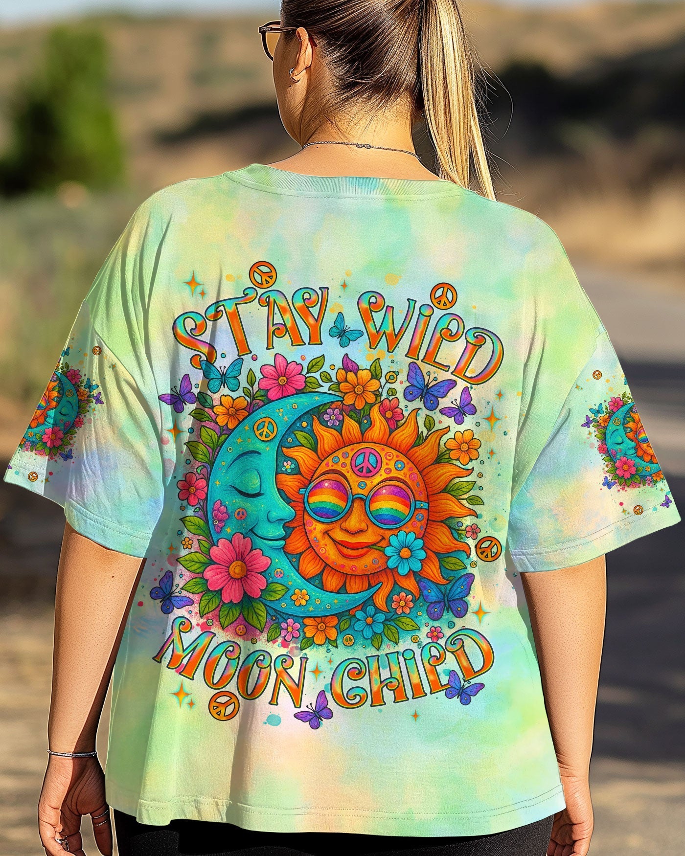Stay Wild Moon Child Hippie Sun and Moon Tie Dye Design for Women AOP Shirts _4_ 1wWC4