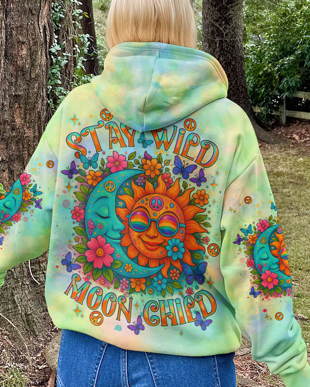 Stay Wild Moon Child Hippie Sun and Moon Tie Dye Design for Women AOP Shirts _8_ Ymn6Y