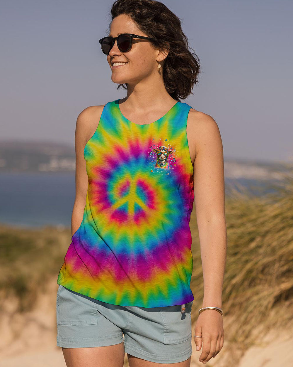 The Rebel in Me Will Never Die Colorful Tie Dye Hippie Cow Design with Peace Sign and Flowers AOP Shirts _ _10_ 6n6cz