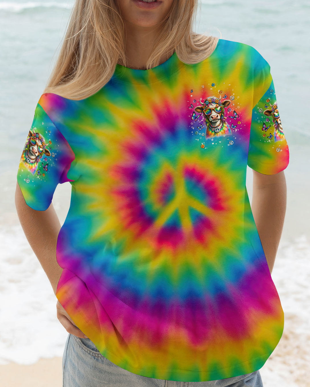 The Rebel in Me Will Never Die Colorful Tie Dye Hippie Cow Design with Peace Sign and Flowers AOP Shirts _ _13_ fJC40