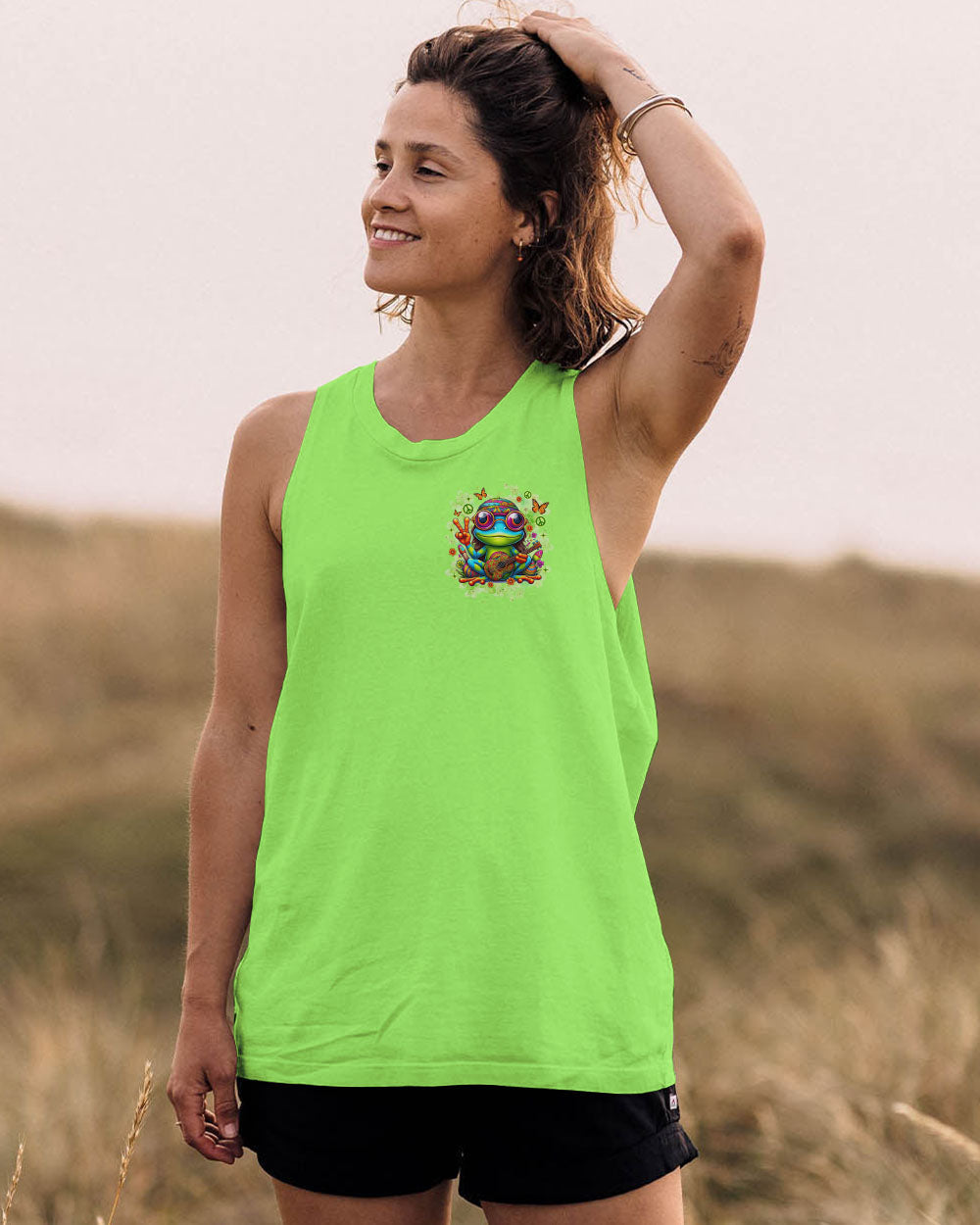 The Rebel in Me Will Never Die Hippie Frog Green with Peace Sign and Guitar Design AOP Shirts _2_ bhF0O