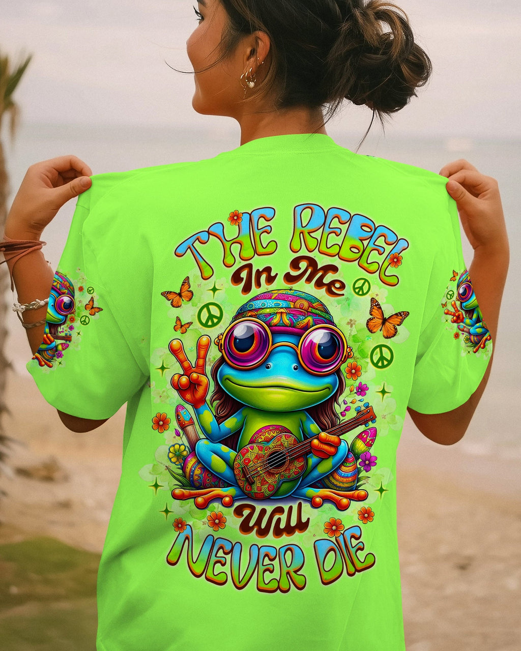 The Rebel in Me Will Never Die Hippie Frog Green with Peace Sign and Guitar Design AOP Shirts _8_ fRbeV