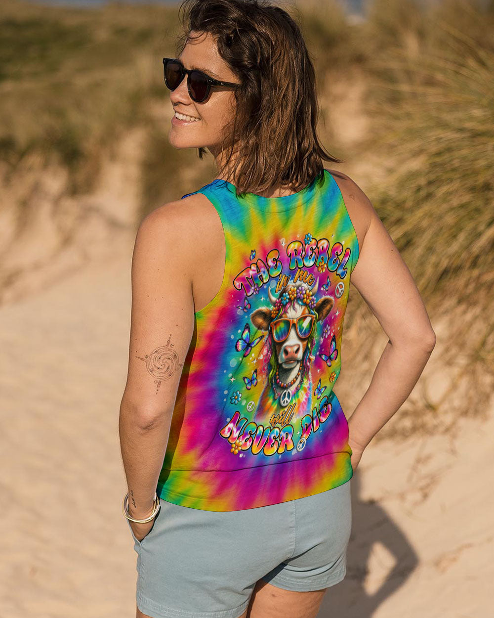The Rebel in Me will Never Dia Colorful Tie Dye Cow with Peace Sign and Flowers Design AOP Shirts _11_ Hrlp1