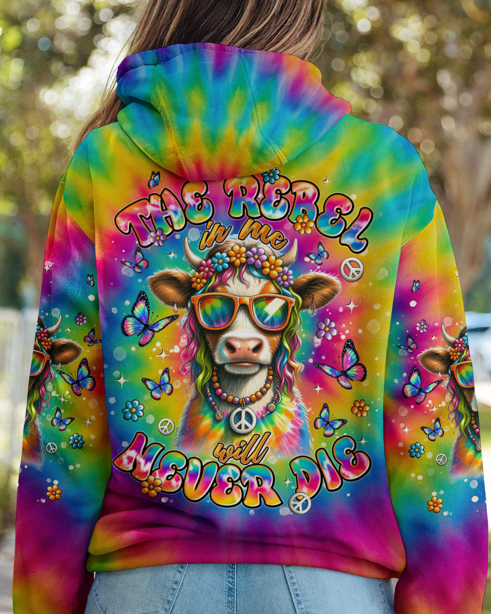 The Rebel in Me will Never Dia Colorful Tie Dye Cow with Peace Sign and Flowers Design AOP Shirts _14_ WLwFb