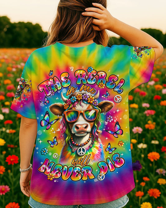 The Rebel in Me will Never Dia Colorful Tie Dye Cow with Peace Sign and Flowers Design AOP Shirts _1_ 9jy7s