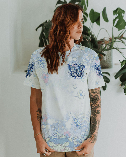 There Are So Many Beautiful Reasons to Be Happy Blue Butterfly Graphic AOP Shirts _10_ LgsJT