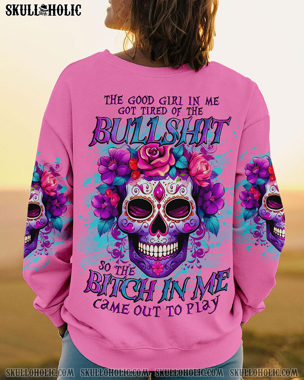Tired of Bullshit Bitch in Me Came Out Floral Skull Attitude Graphic Pullover AOP Shirts _1_ qok5X