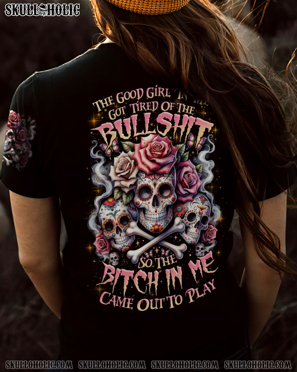 Tired of Bullshit Skull Bitch in Me Came Out Sugar Skulls and Roses Graphic AOP Shirts _3_ yVYhM