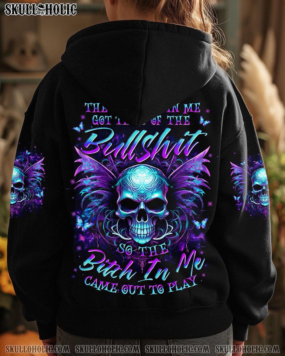 Tired of Bullshit Skull Bitch in Me Came out Purple Neon Skull Wings Graphic AOP Shirts _1_ Gjcct