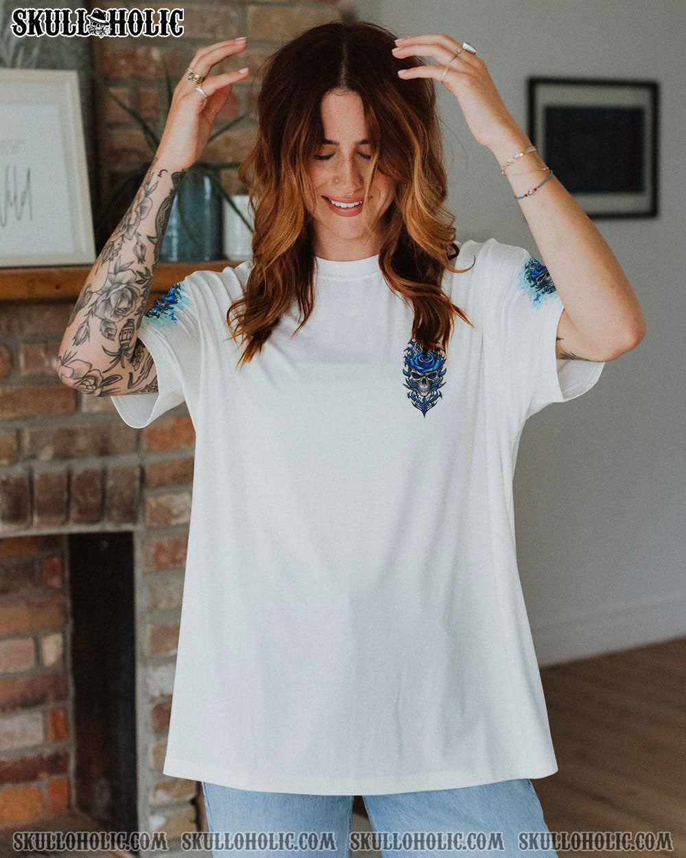Warning this Tattooed Girl does not Play well with Stupid People Blue Skull Rose Graphic AOP Shirts _10_ vCSqm