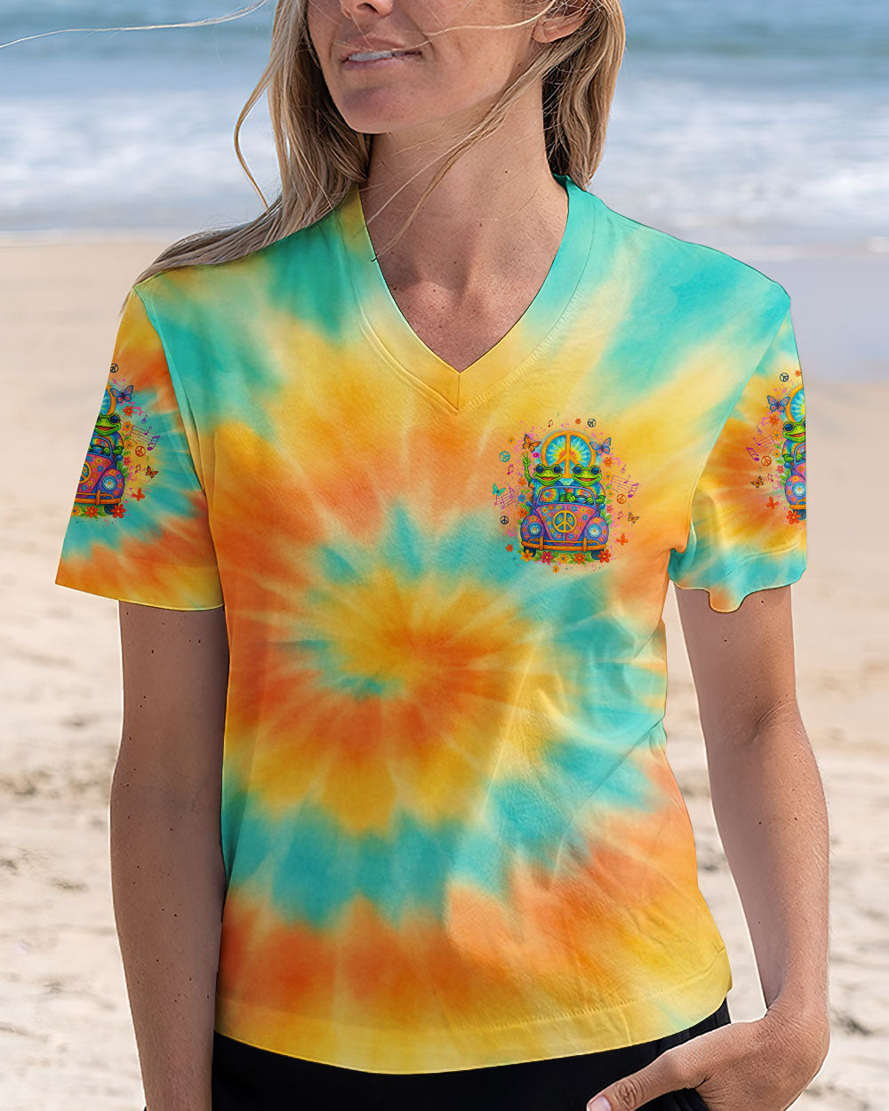 Well Im Older Now Butt Im Still Runnin Against The Wind Tie Dye Frog with Music Graphic for Women AOP Shirts _4_ j70uN