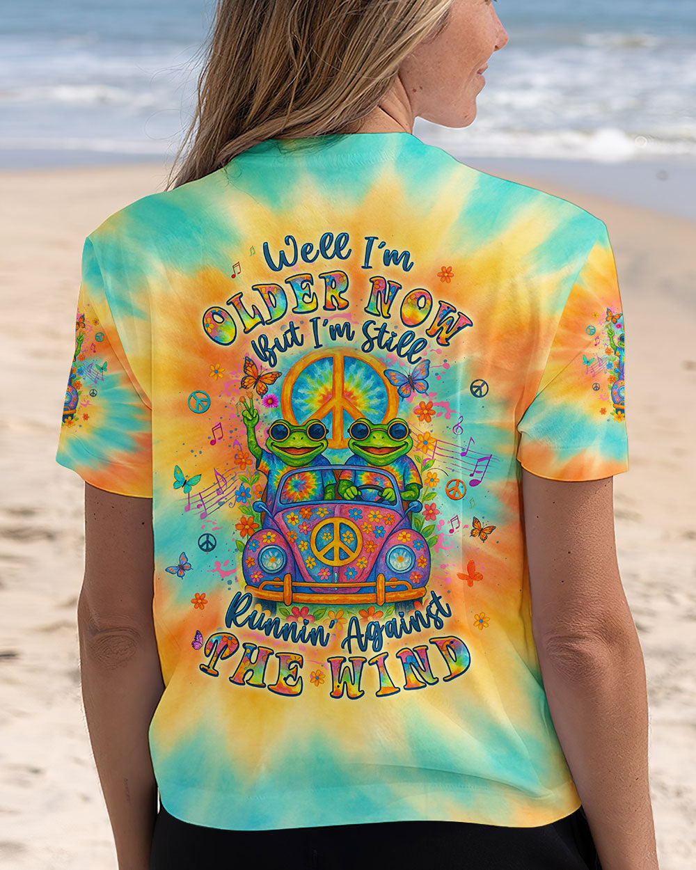 Well Im Older Now Butt Im Still Runnin Against The Wind Tie Dye Frog with Music Graphic for Women AOP Shirts _5_ NZxkk