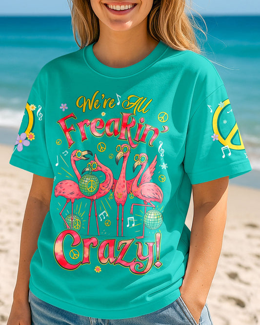 Were All Freakin Crazy Flamingo Peace with Music Vibes Colorful for Hippie Women AOP Shirts _2_ QuyAI