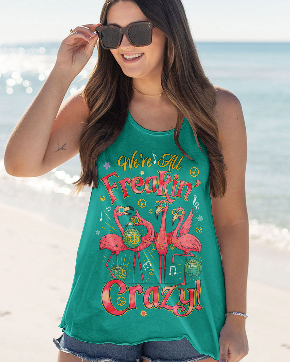 Were All Freakin Crazy Flamingo Peace with Music Vibes Colorful for Hippie Women AOP Shirts _7_ nhqMU