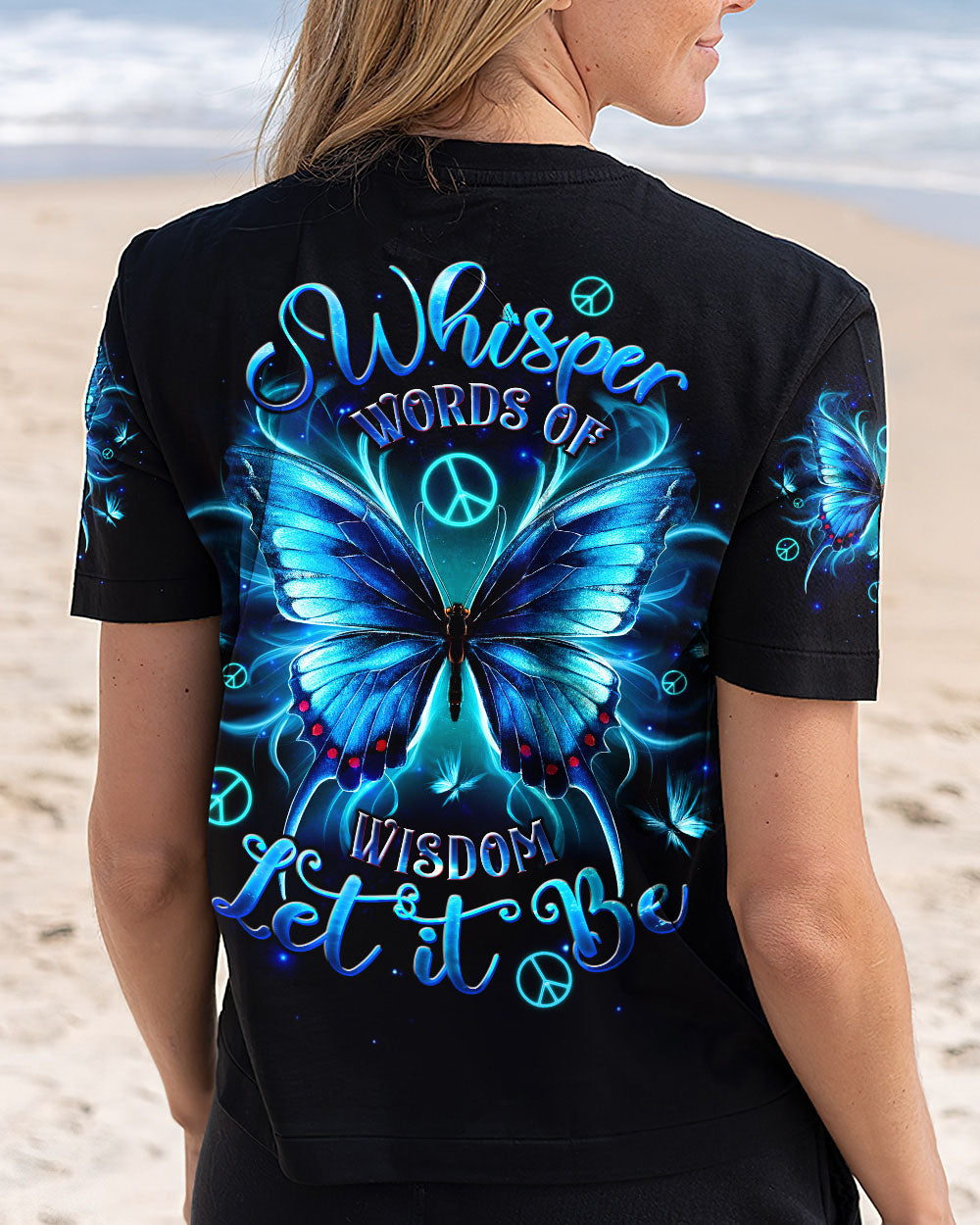 Whisper Words of Wisdom Let It Be Blue Butterfly Inspirational Graphic AOP Shirts _3_ 7Pozx