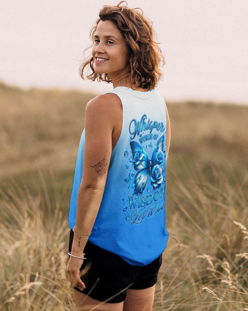 Whisper Words of Wisdom Let It Be Blue Butterfly and Rose Inspirational Wisdom AOP Shirts _14_ hMccO
