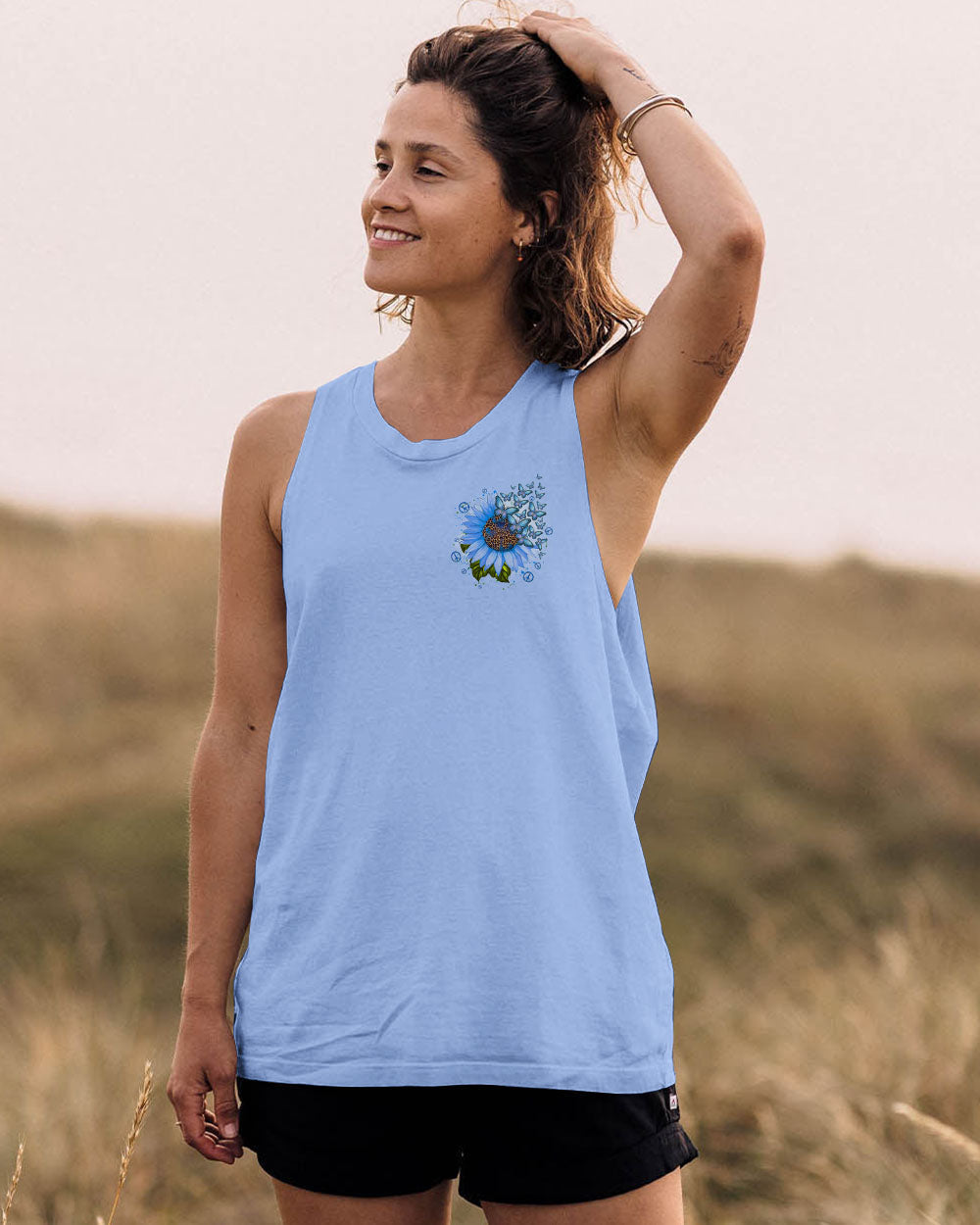 Whisper Words of Wisdom Let It Be Blue Sunflower with Butterfly Quote Graphic AOP Shirts _10_ 7sc4Z