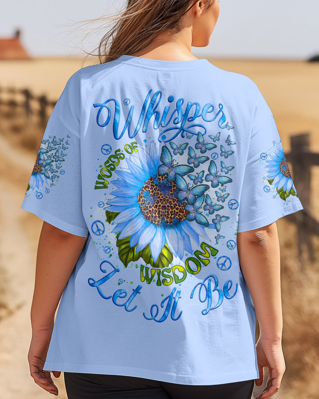 Whisper Words of Wisdom Let It Be Blue Sunflower with Butterfly Quote Graphic AOP Shirts _1_ kALEJ