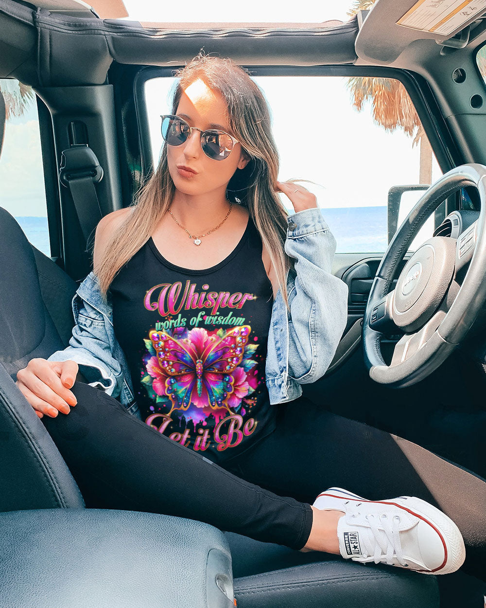 Whisper Words of Wisdom Let It Be Colorful Butterfly Vibrant Quote Graphic AOP Shirt _11_ lh5R5