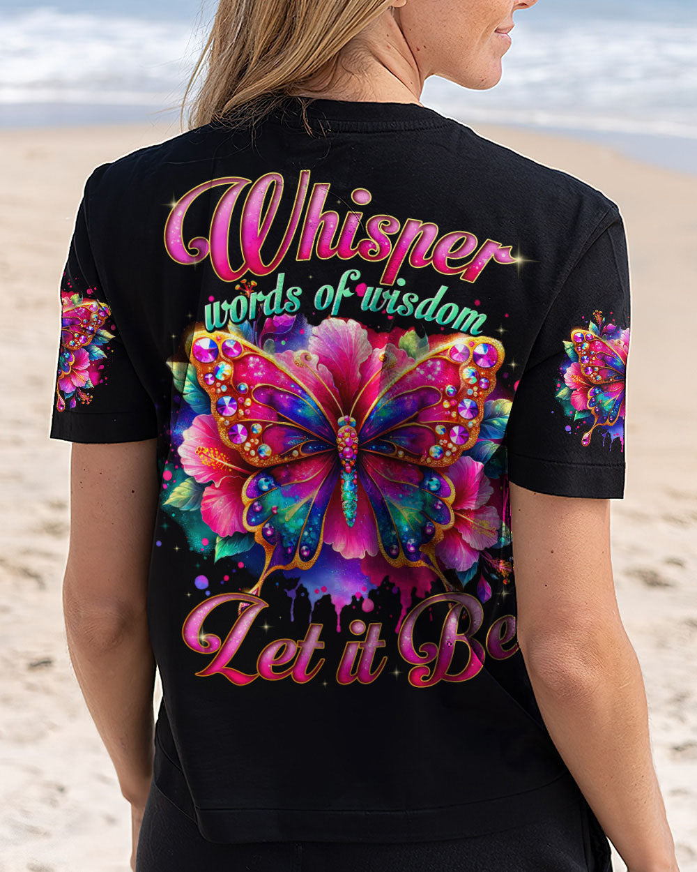 Whisper Words of Wisdom Let It Be Colorful Butterfly Vibrant Quote Graphic AOP Shirt _5_ n0YNj