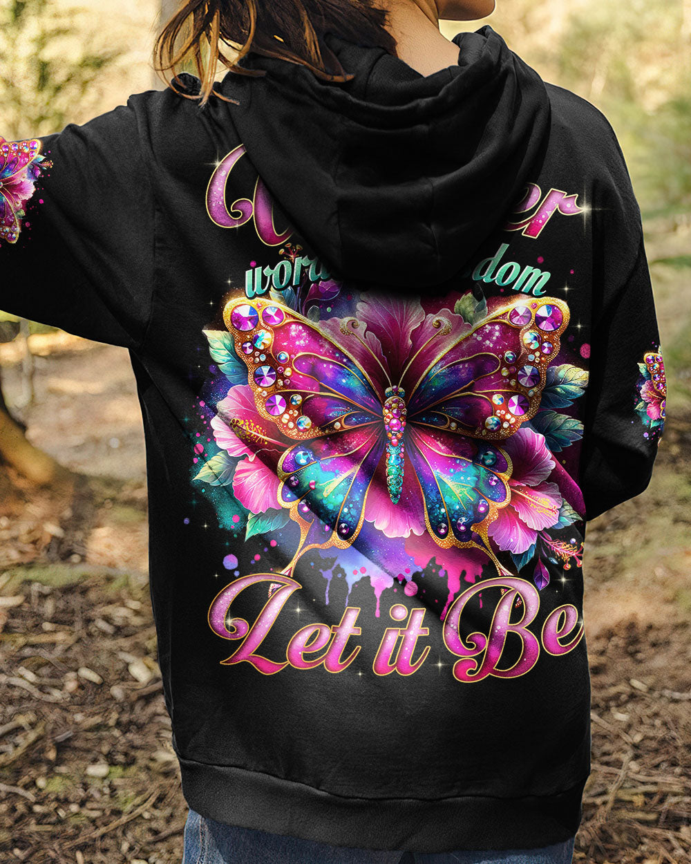 Whisper Words of Wisdom Let It Be Colorful Butterfly Vibrant Quote Graphic AOP Shirt _7_ vF0jY