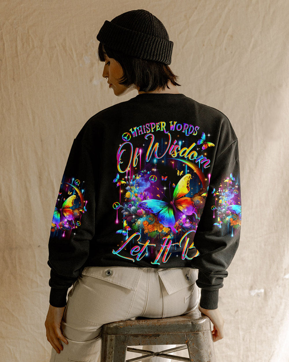 Whisper Words of Wisdom Let It Be Colorful Butterfly with Peace Signs AOP Shirts _9_ fwB18