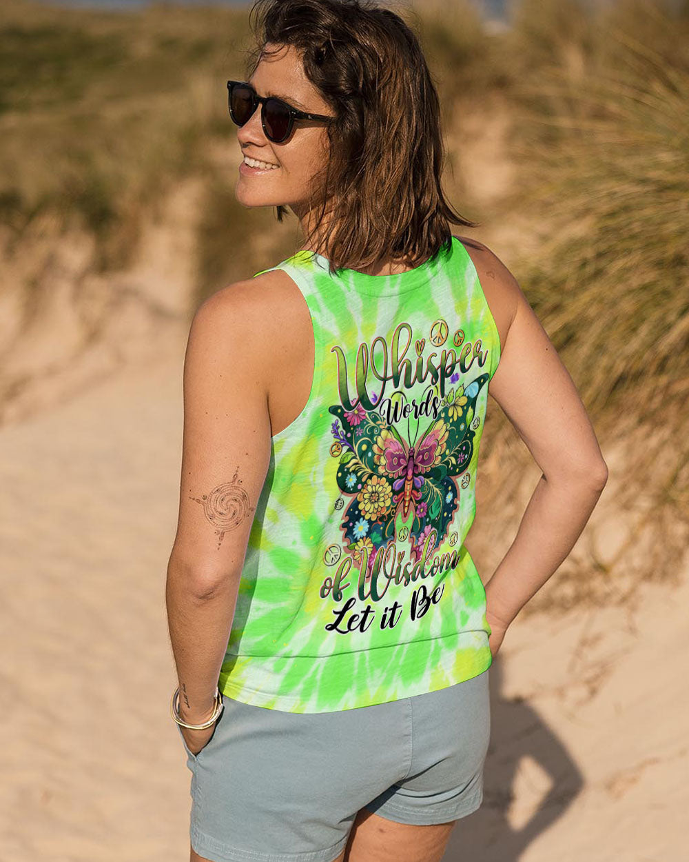 Whisper Words of Wisdom Let It Be Green Tie Dye Floral Butterfly Peace AOP Shirts _7_ cXY3e